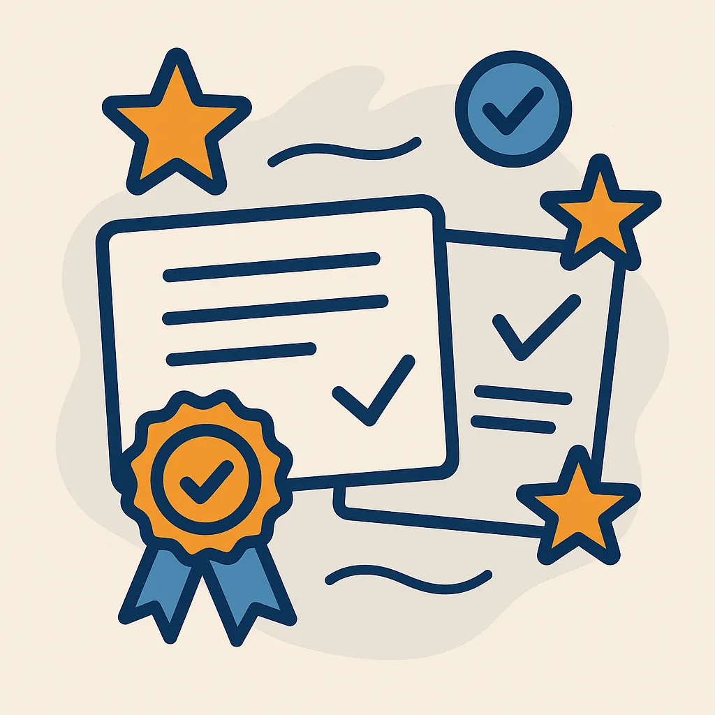 Certifications et labels de FYTECH Illustration abstraite représentant des certificats et des badges de qualité.
