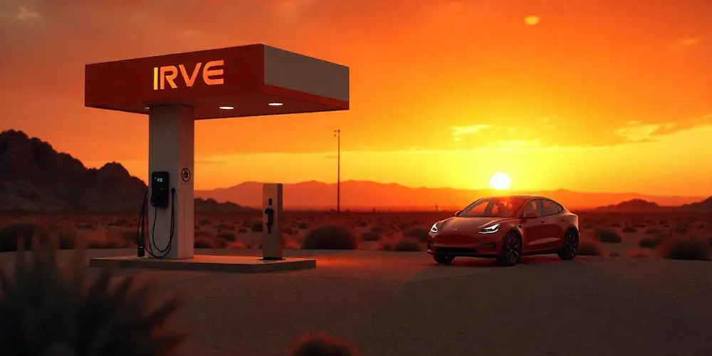Borne de recharge IRVE FYTECH installée en extérieur avec une voiture électrique au coucher du soleil, illustrant le service d’installation de bornes de recharge pour particuliers et professionnels