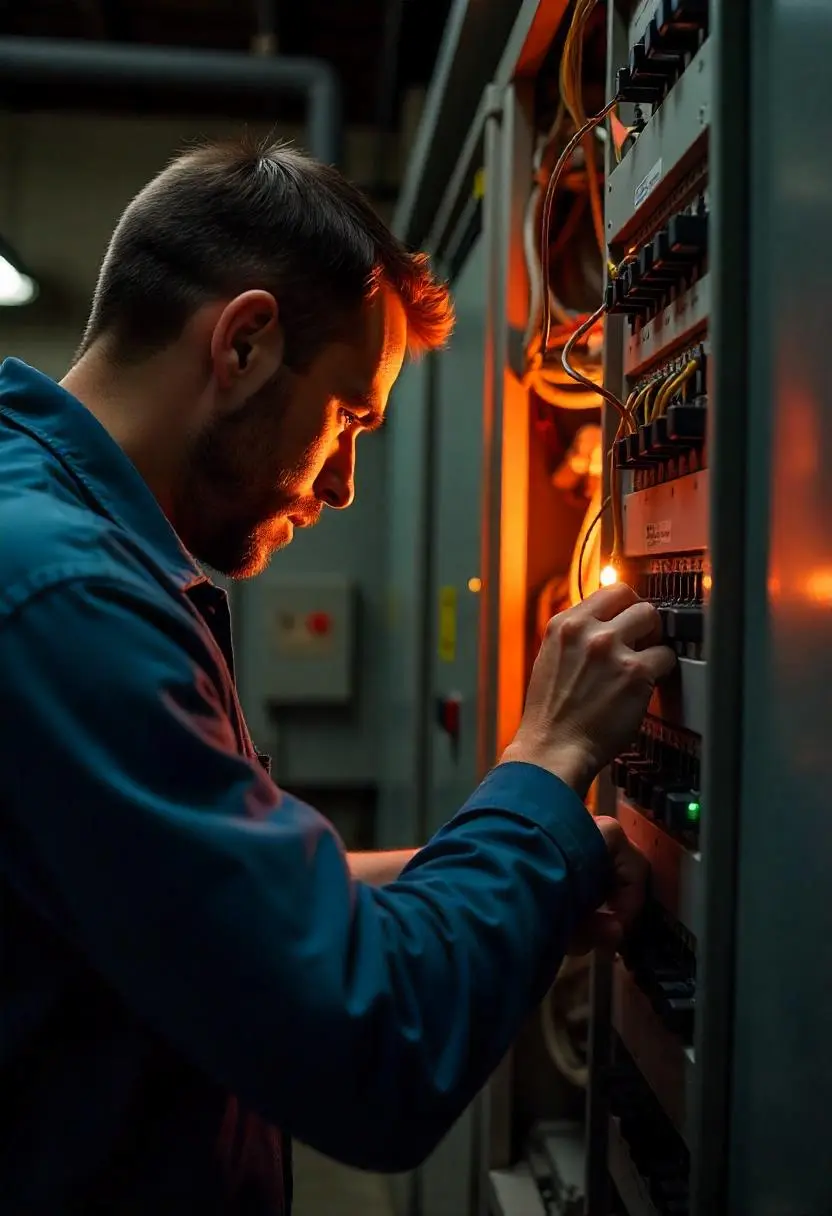 Électricien FYTECH effectuant une intervention sur un tableau électrique pour l’installation et la maintenance des réseaux électriques, IRVE et télécommunications

