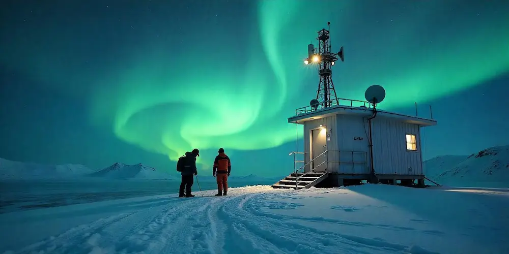Antenne de télécommunication et station réseau FYTECH installées en zone isolée sous une aurore boréale, illustrant les services de réseaux et télécommunications